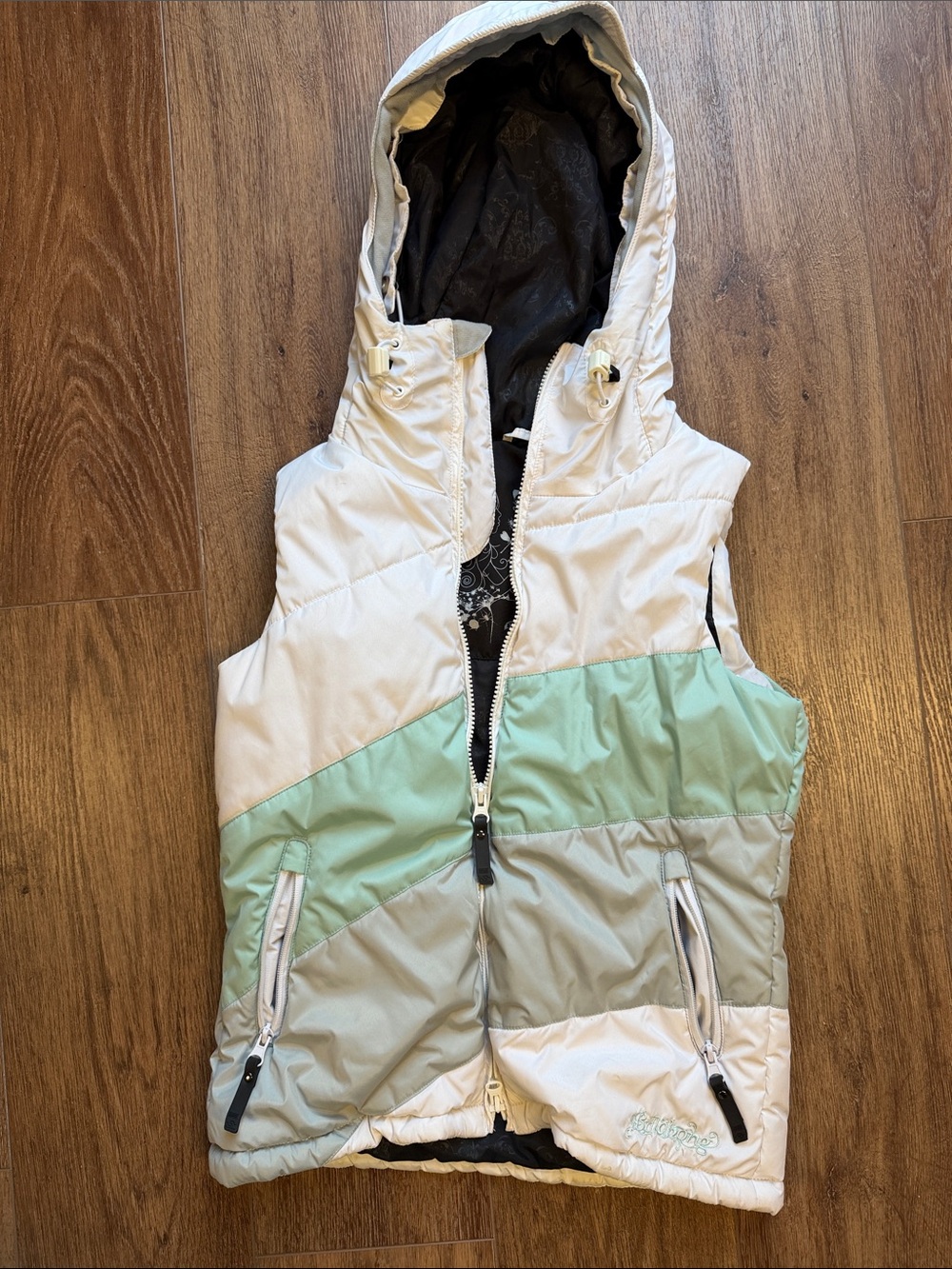 Billabong Cream and Mint Quilted Hooded Vest